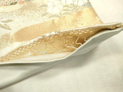 平和屋本店▼六通柄袋帯　唐織　花鳥松文　本金箔　正絹　逸品　DABI7889fe