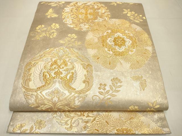 平和屋着物▼六通柄袋帯　向かい鳥正倉院花文　伝統工芸引箔全通　正絹　逸品　DABI7891fe