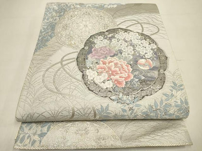 平和屋着物▼六通柄袋帯　唐織　南天野花文　プラチナ箔　正絹　逸品　DABI7893fe