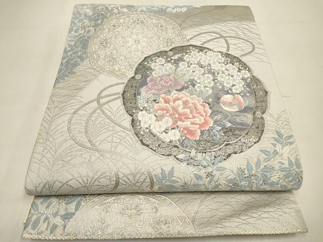 平和屋着物▼六通柄袋帯　唐織　南天野花文　プラチナ箔　正絹　逸品　DABI7893fe
