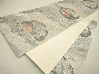 平和屋着物▼六通柄袋帯　唐織　南天野花文　プラチナ箔　正絹　逸品　DABI7893fe