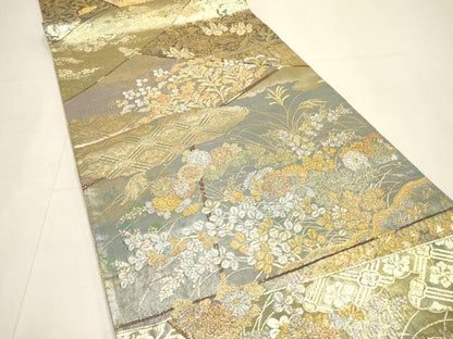 平和屋着物▼両方向　両面全通柄袋帯　裂取秋華文　瑞花狂言文　金銀糸　正絹　逸品　DABI7895fe