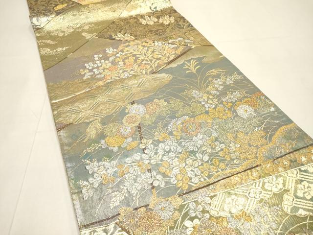 平和屋着物▼両方向　両面全通柄袋帯　裂取秋華文　瑞花狂言文　金銀糸　正絹　逸品　DABI7895fe