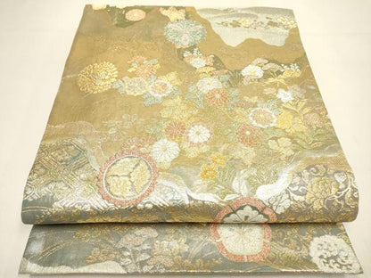 平和屋着物▼両方向　両面全通柄袋帯　裂取秋華文　瑞花狂言文　金銀糸　正絹　逸品　DABI7895fe