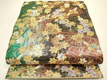 平和屋着物▼両面　六通柄袋帯　竜田川飛鳥文　金銀糸　正絹　逸品　DABI7903fe
