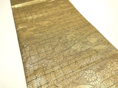 平和屋着物▼両面　六通柄袋帯　竜田川飛鳥文　金銀糸　正絹　逸品　DABI7903fe