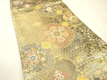 平和屋着物▼両面　六通柄袋帯　花樹唐花文　金糸　正絹　逸品　DABI7917fe