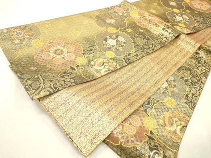 平和屋着物▼両面　六通柄袋帯　花樹唐花文　金糸　正絹　逸品　DABI7917fe
