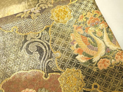 平和屋着物▼両面　六通柄袋帯　花樹唐花文　金糸　正絹　逸品　DABI7917fe