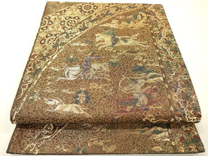 平和屋着物▼六通柄袋帯　動物狩猟文　金糸　正絹　逸品　DABI7918fe