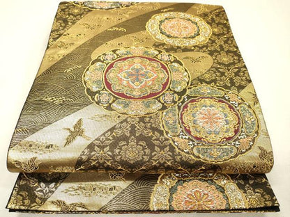 平和屋着物▼六通柄袋帯　流水花絵皿文　金糸　正絹　逸品　DABI7925fe