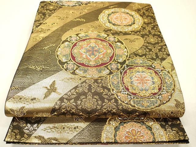 平和屋着物▼六通柄袋帯　流水花絵皿文　金糸　正絹　逸品　DABI7925fe