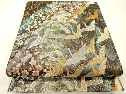 平和屋本店▼六通柄袋帯　飛鶴梅松文　本金箔二重織　正絹　逸品　DABI7937fe