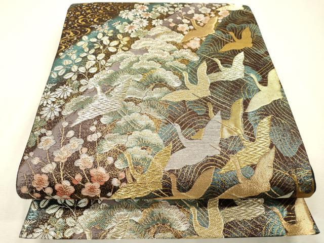 平和屋本店▼六通柄袋帯　飛鶴梅松文　本金箔二重織　正絹　逸品　DABI7937fe