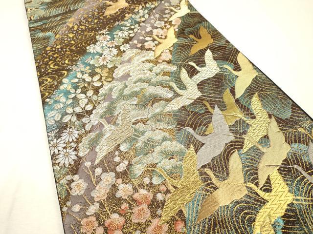 平和屋本店▼六通柄袋帯　飛鶴梅松文　本金箔二重織　正絹　逸品　DABI7937fe