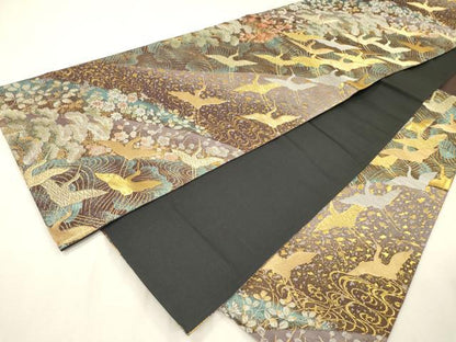 平和屋本店▼六通柄袋帯　飛鶴梅松文　本金箔二重織　正絹　逸品　DABI7937fe