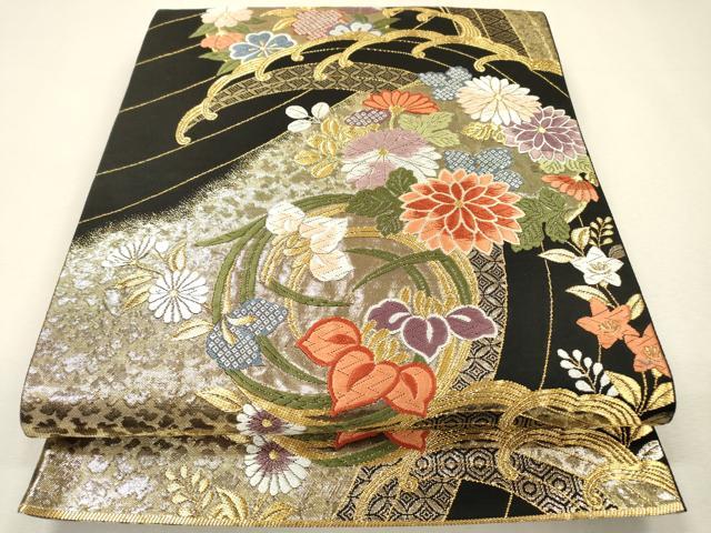 平和屋着物▼六通柄袋帯　唐織　立波花丸文　黒地　金糸　正絹　逸品　DABI7941fe