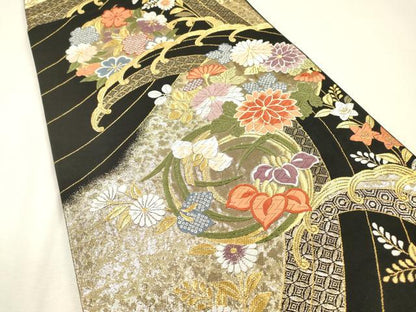 平和屋着物▼六通柄袋帯　唐織　立波花丸文　黒地　金糸　正絹　逸品　DABI7941fe