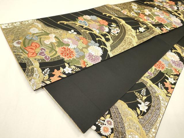 平和屋着物▼六通柄袋帯　唐織　立波花丸文　黒地　金糸　正絹　逸品　DABI7941fe