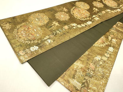 平和屋着物▼六通柄袋帯　正倉院向かい鳥花文　金糸　引箔　正絹　逸品　DABI7943fe