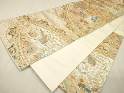 平和屋本店▼六通柄袋帯　唐織　彩華四季花鳥文　弐拾四金箔　正絹　逸品　DABI7950fe