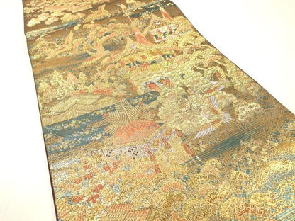 平和屋着物▼六通柄袋帯　人物風景飛鶴文　金銀糸　正絹　逸品　DABI7954fe