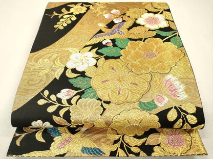 平和屋着物▼六通柄袋帯　唐織　花鳥文　黒地　金糸　正絹　逸品　DABI7962fe