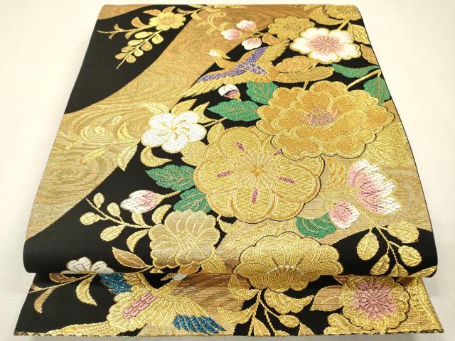 平和屋着物▼六通柄袋帯　唐織　花鳥文　黒地　金糸　正絹　逸品　DABI7962fe