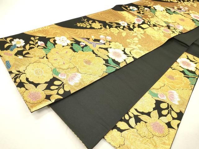 平和屋着物▼六通柄袋帯　唐織　花鳥文　黒地　金糸　正絹　逸品　DABI7962fe