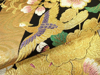 平和屋着物▼六通柄袋帯　唐織　花鳥文　黒地　金糸　正絹　逸品　DABI7962fe