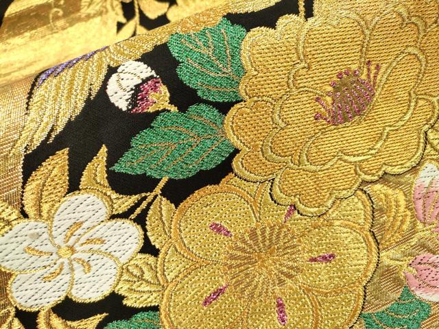 平和屋着物▼六通柄袋帯　唐織　花鳥文　黒地　金糸　正絹　逸品　DABI7962fe