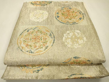 平和屋着物▽六通柄袋帯　スリーシーズン　春夏秋　動物正倉院花絵皿文　金糸　正絹　逸品　DABI7967fe
