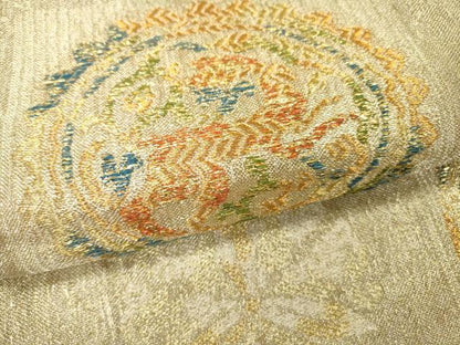 平和屋着物▽六通柄袋帯　スリーシーズン　春夏秋　動物正倉院花絵皿文　金糸　正絹　逸品　DABI7967fe