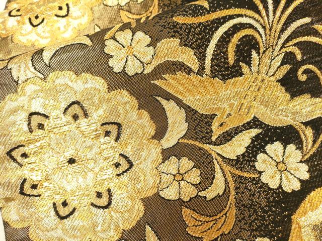 平和屋着物▼佐賀錦　両面　全通柄袋帯　正倉院鳳凰花文　金糸　正絹　逸品　DABI7968fe