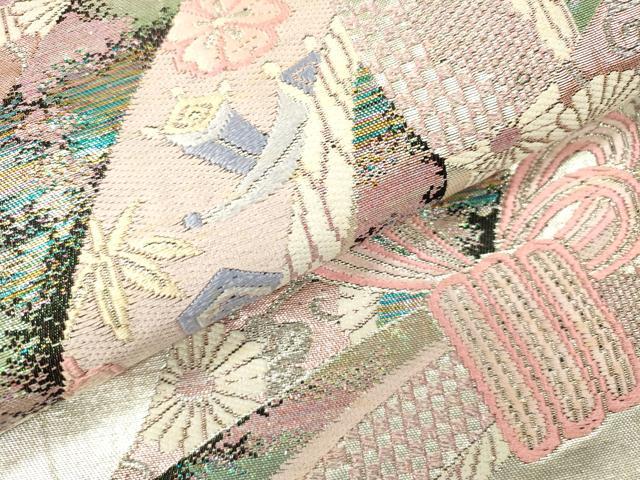 平和屋着物▼六通柄袋帯　唐織　宝尽くし束ね熨斗花文　銀糸　正絹　逸品　DABI7969fe