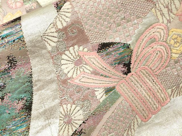 平和屋着物▼六通柄袋帯　唐織　宝尽くし束ね熨斗花文　銀糸　正絹　逸品　DABI7969fe