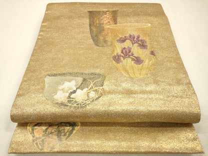平和屋着物▼六通柄袋帯　陶器花文　金糸　正絹　逸品　DABI7975fe
