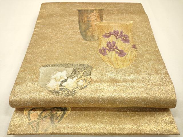 平和屋着物▼六通柄袋帯　陶器花文　金糸　正絹　逸品　DABI7975fe