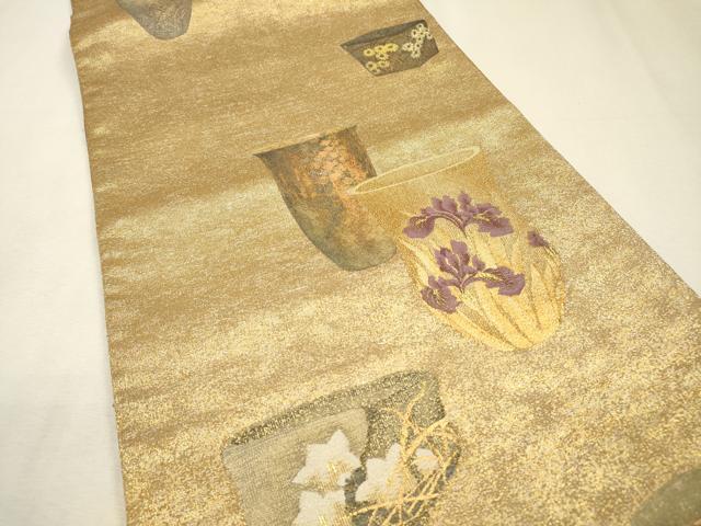 平和屋着物▼六通柄袋帯　陶器花文　金糸　正絹　逸品　DABI7975fe