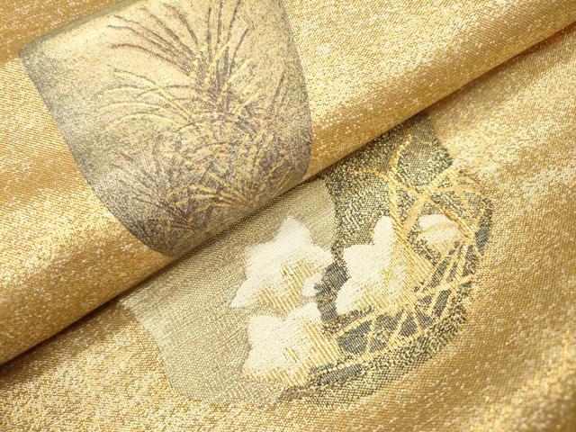 平和屋着物▼六通柄袋帯　陶器花文　金糸　正絹　逸品　DABI7975fe