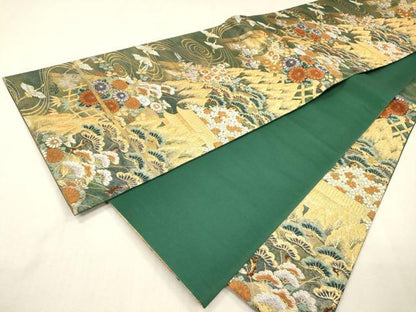 平和屋着物▼六通柄袋帯　唐織　飛鶴風景花松文　金糸　正絹　逸品　DABI7978fe