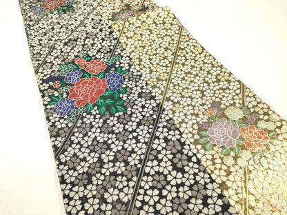 平和屋着物▼両面　六通柄袋帯　舞蝶箔散らし　薔薇　金銀糸　正絹　逸品　未使用　DABI7980fe