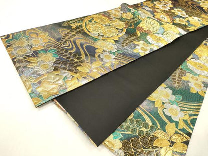平和屋着物▼六通柄袋帯　ふくれ織　流水花丸文　金銀糸　正絹　逸品　DABI7989fe