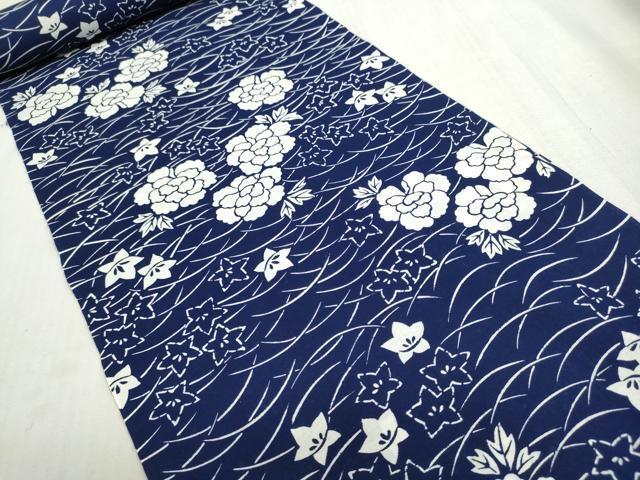平和屋着物＊夏物　浴衣　反物　着尺　注染　草花文　牡丹　桔梗　綿　逸品　未使用　DABI8020we