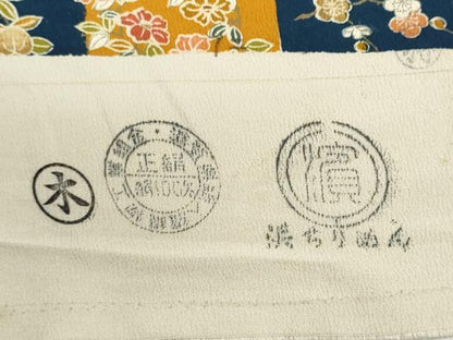 平和屋着物▼端切れ　ハギレ　反物　市松草花丸文　金彩　リメイク生地　材料　逸品　未使用　DABI8123we