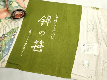 平和屋着物▼柄見本　反物　スリ上げ小紋　京誂友禅　錦の笹　金彩　リメイク生地　材料　逸品　未使用　DABI8133we