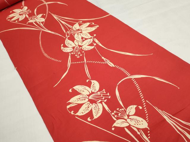 平和屋着物＊夏物　浴衣　反物　着尺　注染　草花文　百合　綿　逸品　未使用　DABI8272we