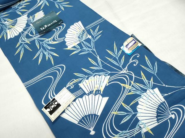 平和屋着物＊夏物　浴衣　反物　着尺　注染　流水葦文　舞扇　綿　逸品　未使用　DABI8317we