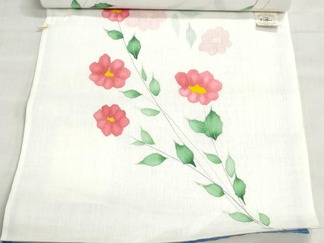 平和屋着物＊夏物　小紋・浴衣兼用　反物　着尺　変わり織　手描き染上布　草花文　東レカルファー　未使用　DABI8394we
