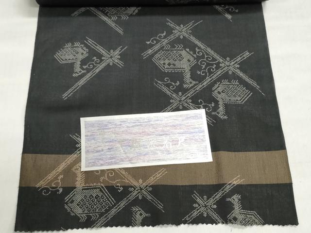 平和屋着物＊夏物　夏塩沢　小紋　反物　着尺　有栖川鳥文　黒地　証紙付き　未使用　DABI8420we